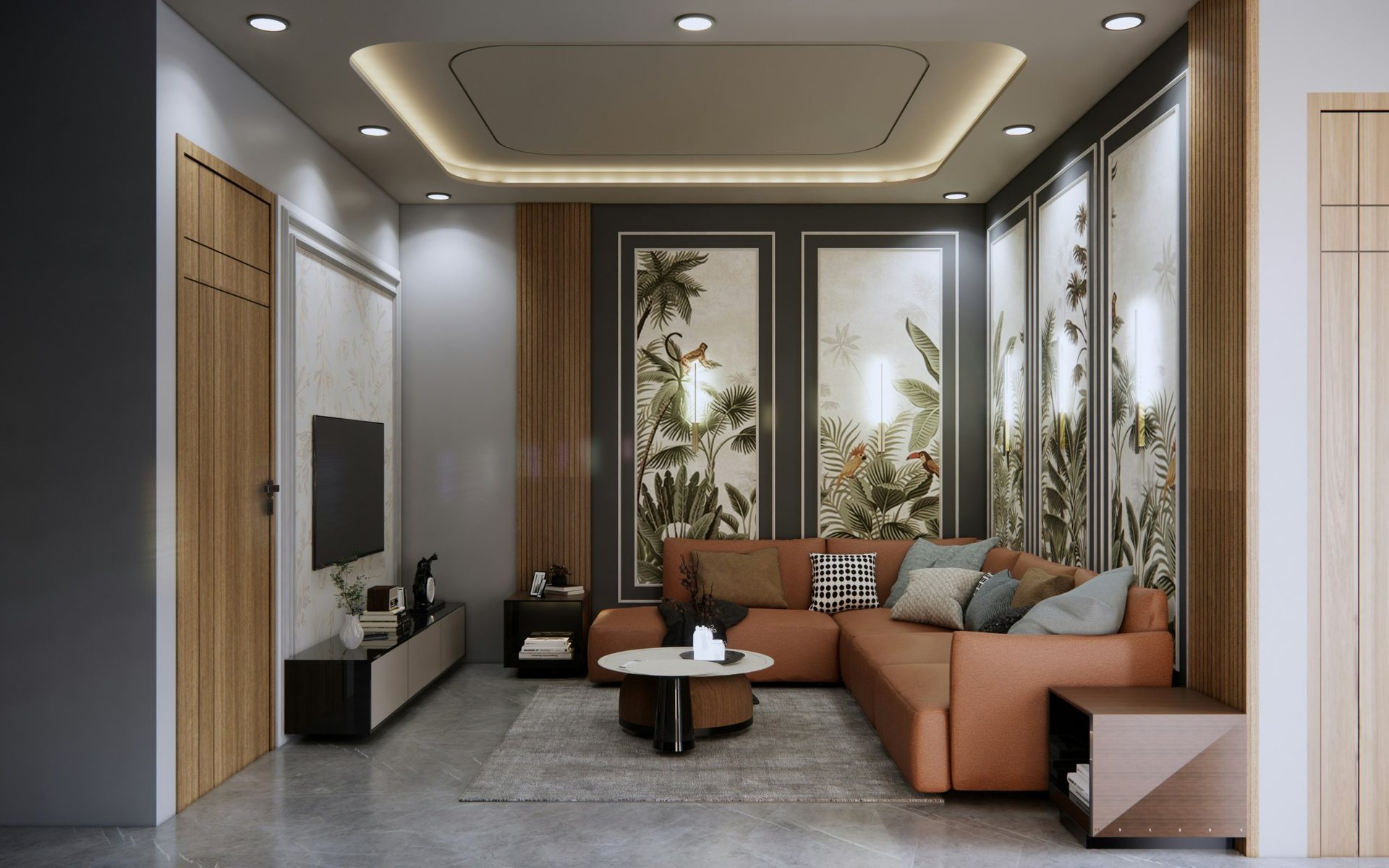 Finished living room with paneled walls, wood slats and a built-in ceiling light